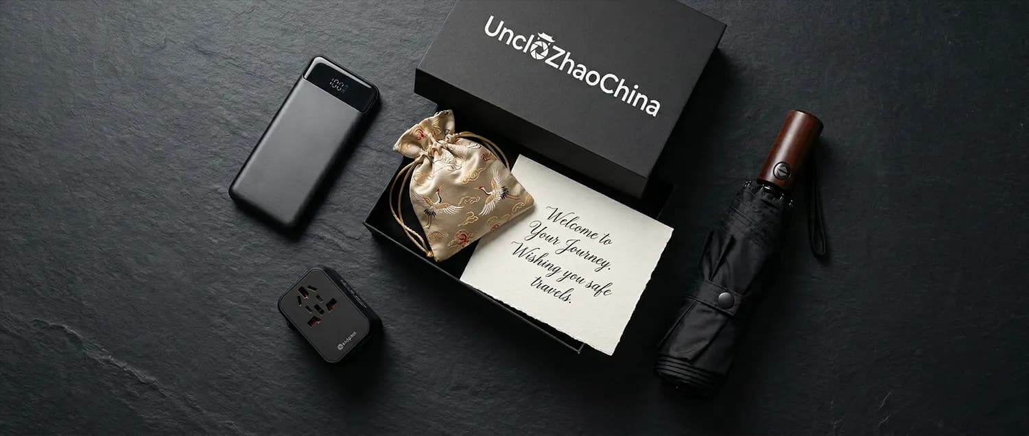 Uncle Zhao's premium China survival welcome kit including power bank, universal adapter, and cultural gifts