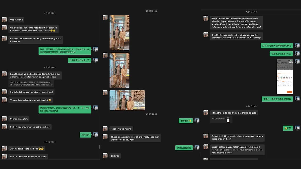 WeChat conversation showing real-time China travel support between Uncle Zhao and Ivan during the trip