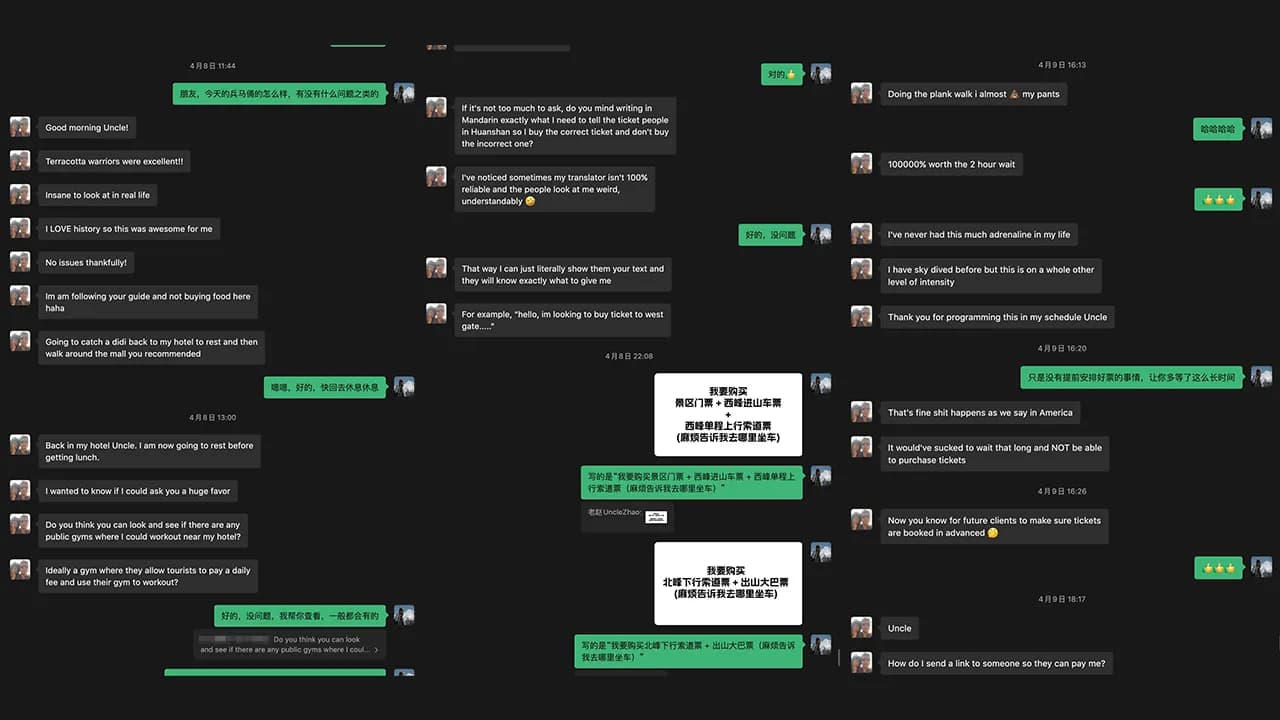 WeChat support example showing Uncle Zhao helping Ivan solve practical travel problems during his China route